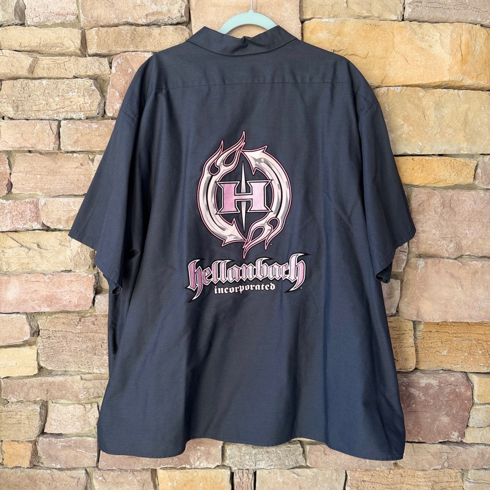 Hellanbach 5XL Red Kap Men Black SS Biker Moto Pink 3D Embroidered Button Shirt